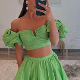 Makai | Green Two-Piece Puff Sleeves Satin Long Prom Dress With Split