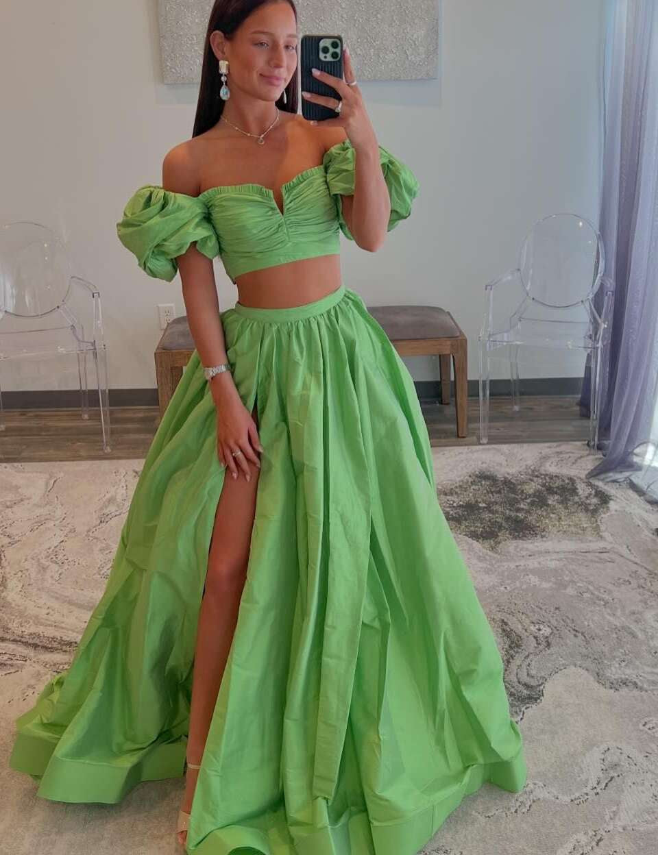 Makai | Green Two-Piece Puff Sleeves Satin Long Prom Dress With Split