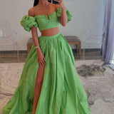 Makai | Green Two-Piece Puff Sleeves Satin Long Prom Dress With Split