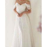 A-Line Spaghetti Straps Off-the-Shoulder Sweep Train Wedding Dress