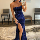 Dahlia |Mermaid Strapless Sequins Long Prom Dress with Slit