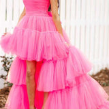 June |A-line High Low Strapless Tulle Prom Dress with Ruffles