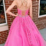 Nyla |A-line Hot Pink Halter Tulle Prom Dress With Appliques