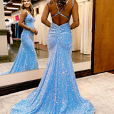 Maddison |Sparkly Blue Mermaid Sequins Long Backless Prom Dress