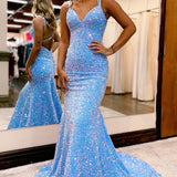 Maddison |Sparkly Blue Mermaid Sequins Long Backless Prom Dress