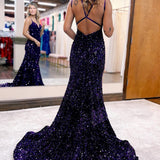 Maddison |Sparkly Blue Mermaid Sequins Long Backless Prom Dress