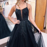 Tatum | Black Tulle Spaghetti Straps A Line Prom Dress with Appliques