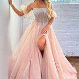 Brianna |A Line Strapless Blush Corset Organza Prom Dress