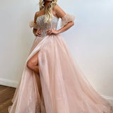 Brianna |A Line Strapless Blush Corset Organza Prom Dress