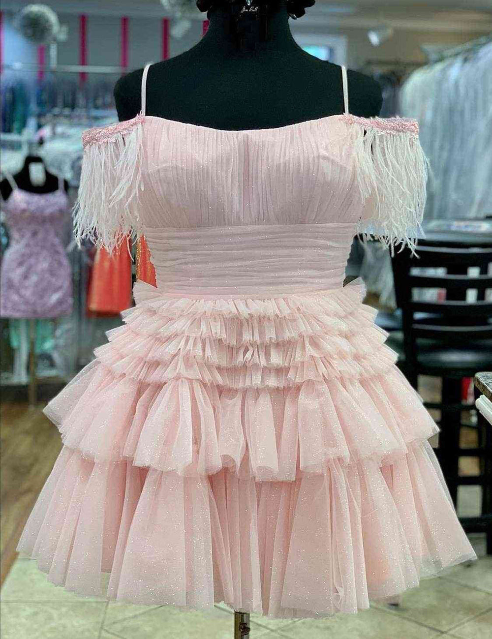 Thea |A Line Pink Glitter Tulle Homecoming Dress with Feather