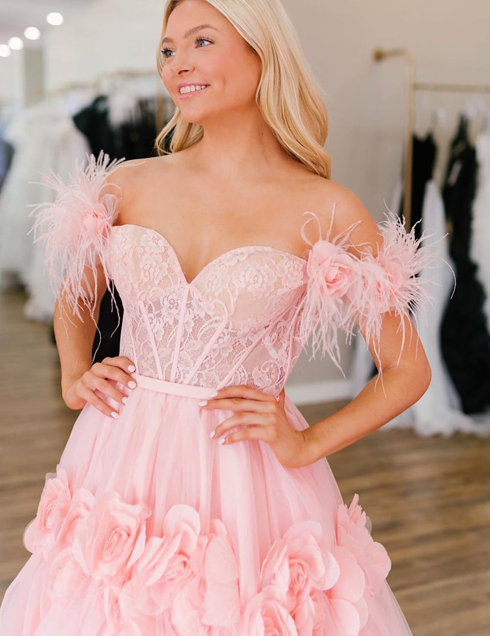 CALI |PRINCESS A-LINE OFF THE SHOULDER LACE TULLE PROM DRESS