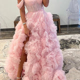 Kenia |A Line Off the Shoulder Ruffled Tulle Prom Dress with Slit