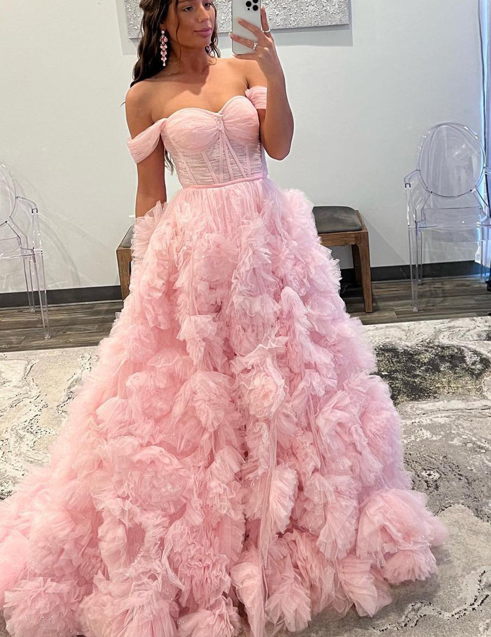 Kenia |A Line Off the Shoulder Ruffled Tulle Prom Dress with Slit