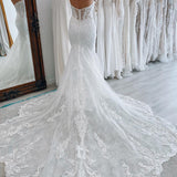 Jream | White Long Tulle Mermaid Wedding Dress with Lace Appliques