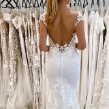 Kimber | White Mermaid Deep V-Neck Backless Long Wedding Dress with Lace