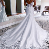 Christina | White Mermaid Long Satin Wedding Dress with Appliqued