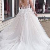 Roselyn | A-Line Tulle Sparkly White Wedding Dress with Appliques