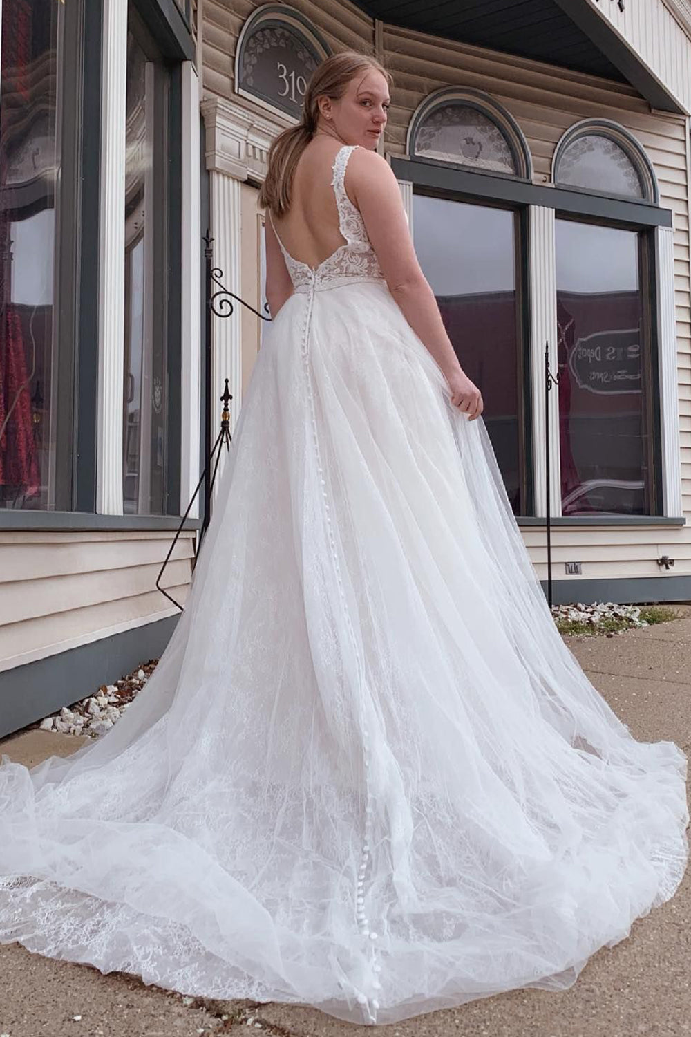 A-Line Tulle White Long Wedding Dress with Beading