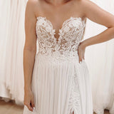 Hayley | White Sweetheart Long Lace Boho Wedding Dress with Slit