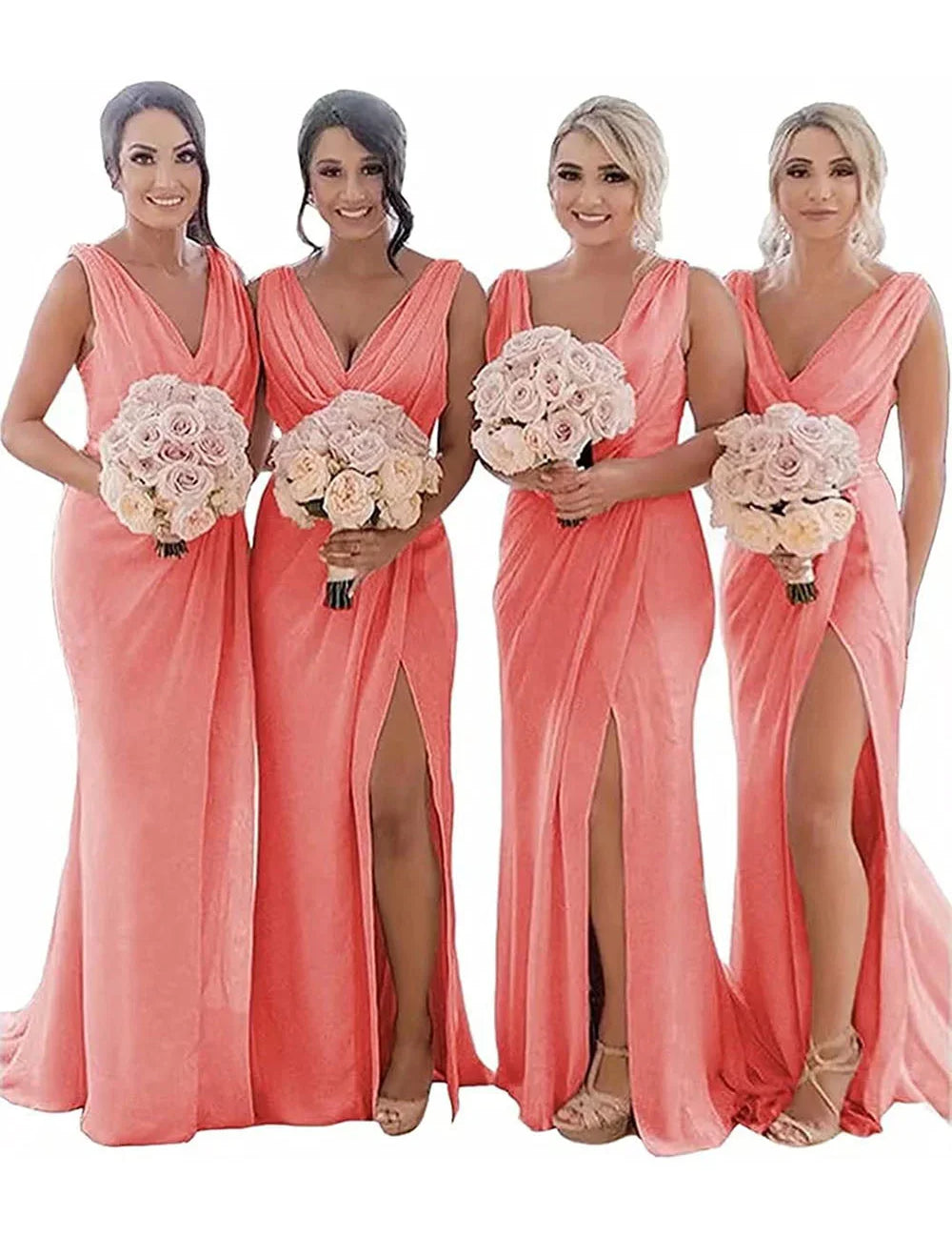 Rust Sheath Chiffon Ruched Long Bridesmaid Dress with Slit