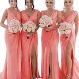 Rust Sheath Chiffon Ruched Long Bridesmaid Dress with Slit