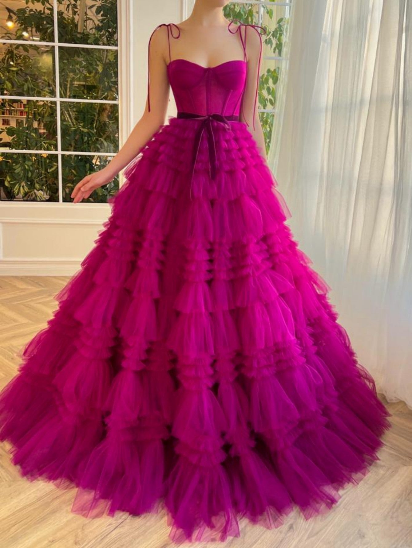 Blair |A Line Strapless Fuchsia Tiered Long Tulle Prom Dress