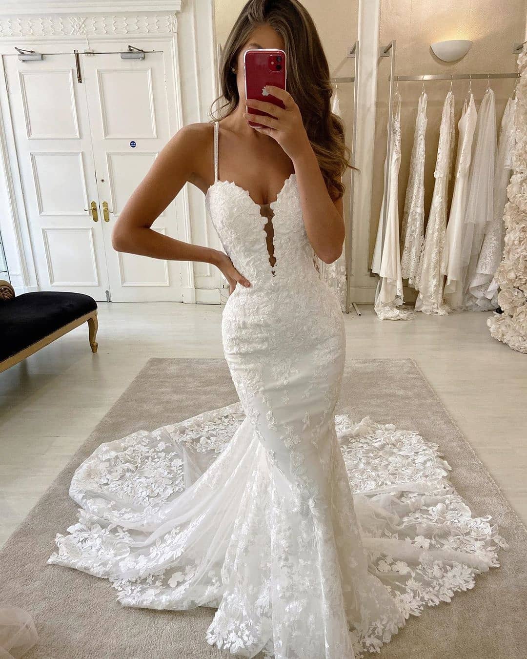 Mermaid Lace White Wedding Dresses Spaghetti Straps