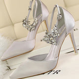 Silver Ankle Strap Prom Heels with Crystals
