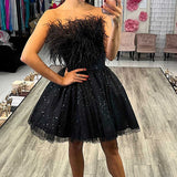 A-Line Black Sequin Feather Short Party Dress