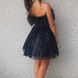 A-Line Black Sequin Feather Short Party Dress