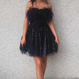 A-Line Black Sequin Feather Short Party Dress