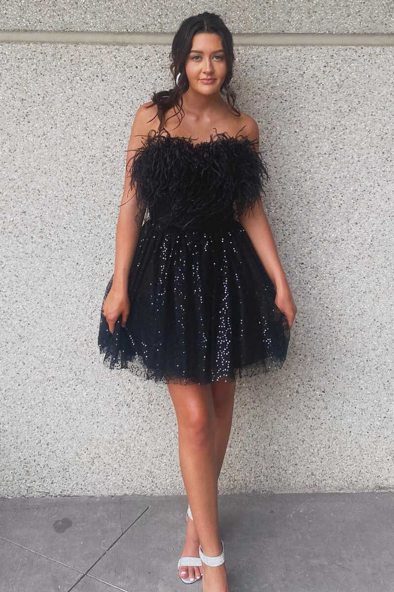 A-Line Black Sequin Feather Short Party Dress