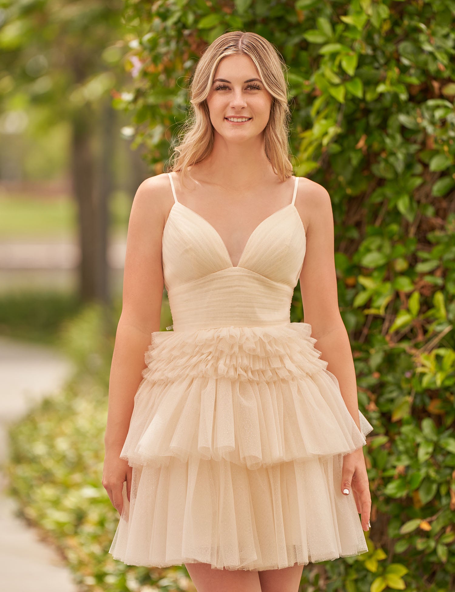 Layla | A-Line Pink Deep V Neck Tiered Short Homecoming Dress