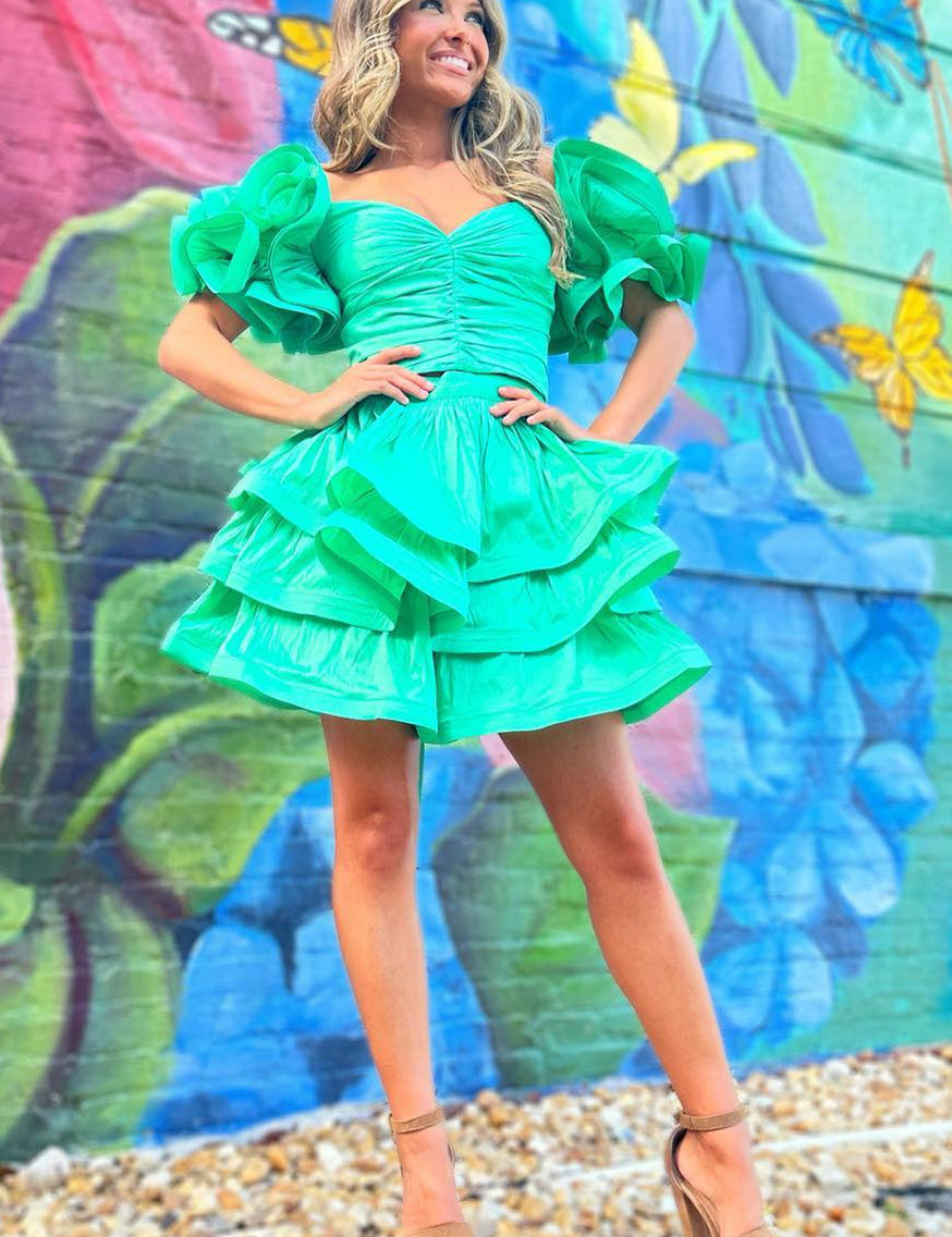 A-Line Green Ruffle Sleeves Layered Short Party Dress