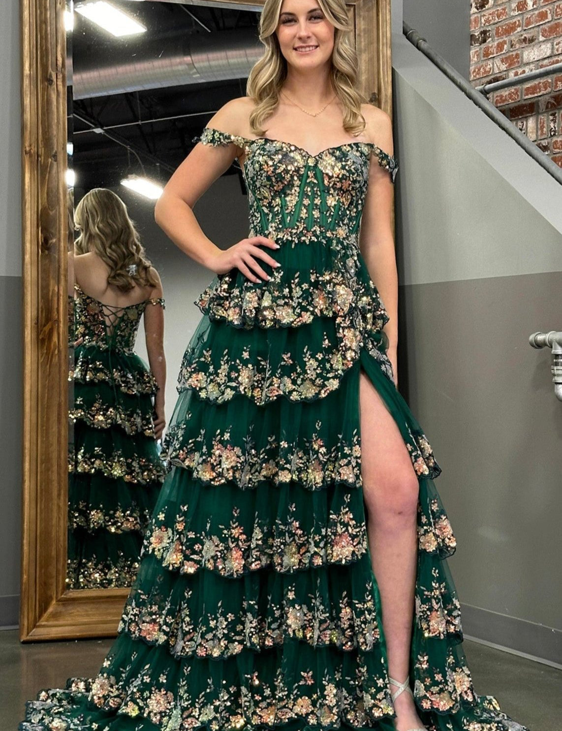 A-Line Lace Off-the-Shoulder Tiered Long Prom Dress with Slit