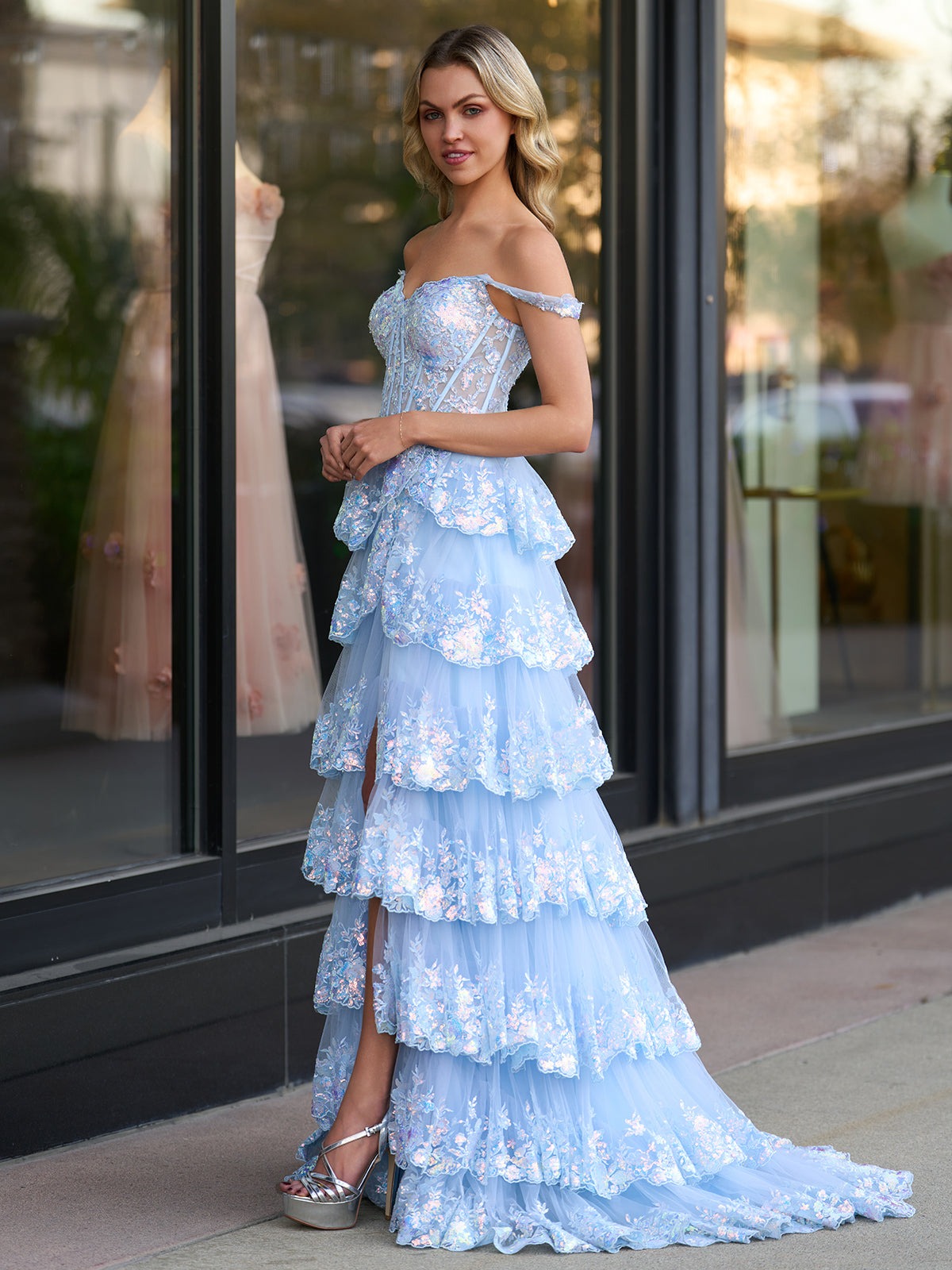 A-Line Lace Off-the-Shoulder Tiered Long Prom Dress with Slit