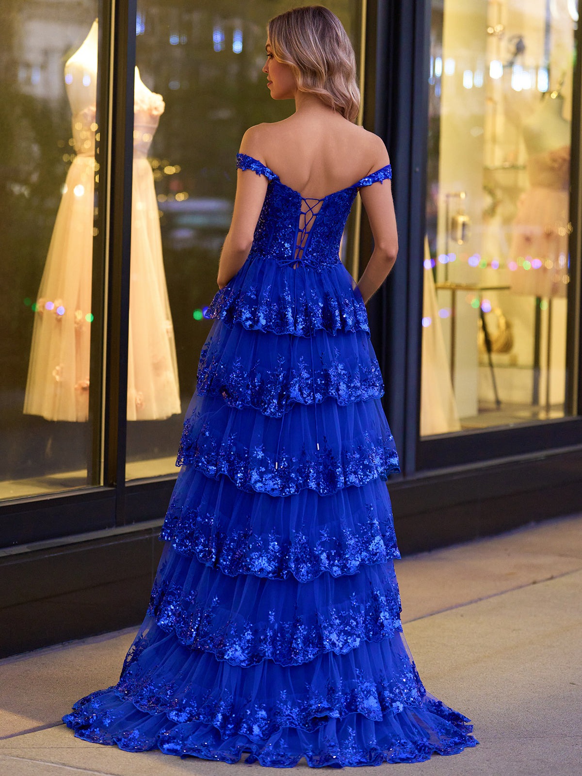 A-Line Lace Off-the-Shoulder Tiered Long Prom Dress with Slit