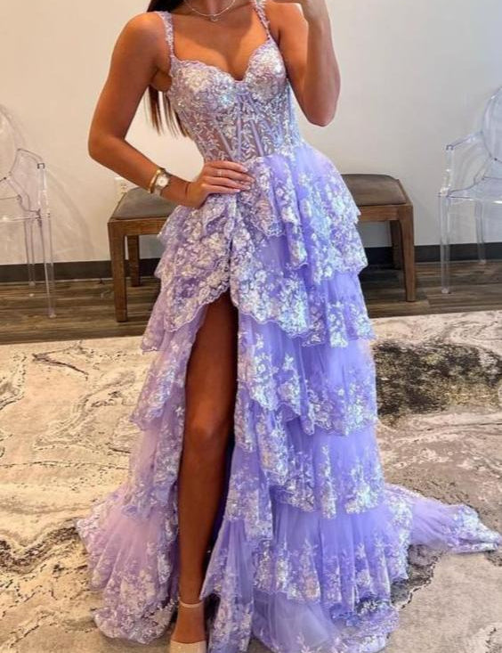 A-Line Lace Off-the-Shoulder Tiered Long Prom Dress with Slit