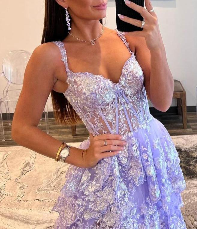 A-Line Lace Off-the-Shoulder Tiered Long Prom Dress with Slit