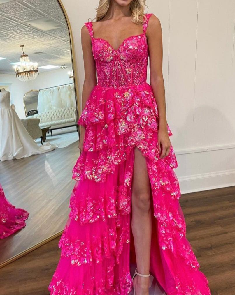 A-Line Lace Off-the-Shoulder Tiered Long Prom Dress with Slit