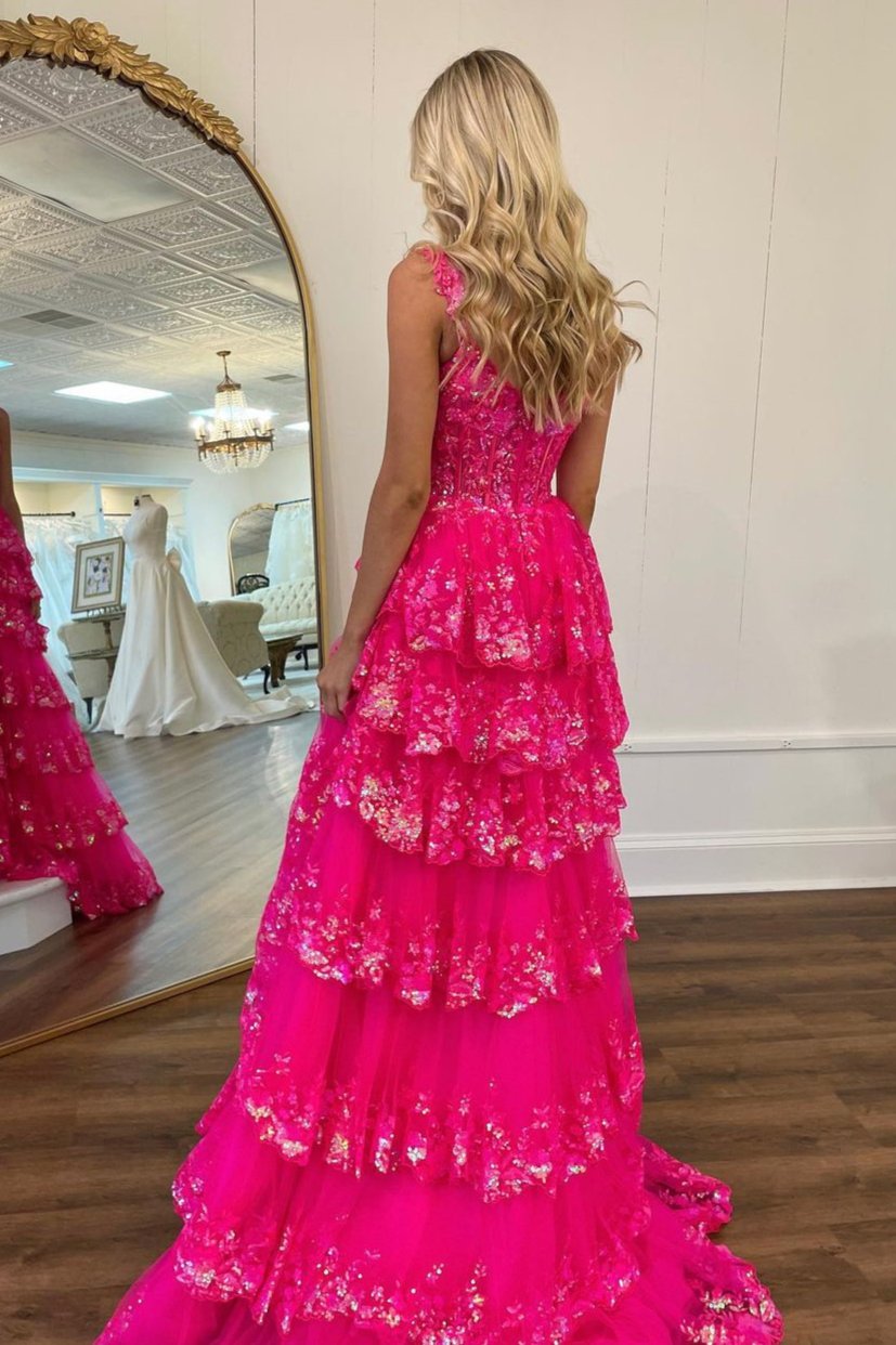 A-Line Lace Off-the-Shoulder Tiered Long Prom Dress with Slit