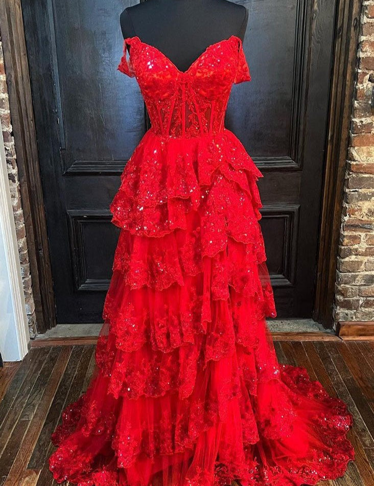 A-Line Lace Off-the-Shoulder Tiered Long Prom Dress with Slit