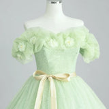 A-Line Off Shoulder Tulle Sage Green Long Quinceanera Dresses