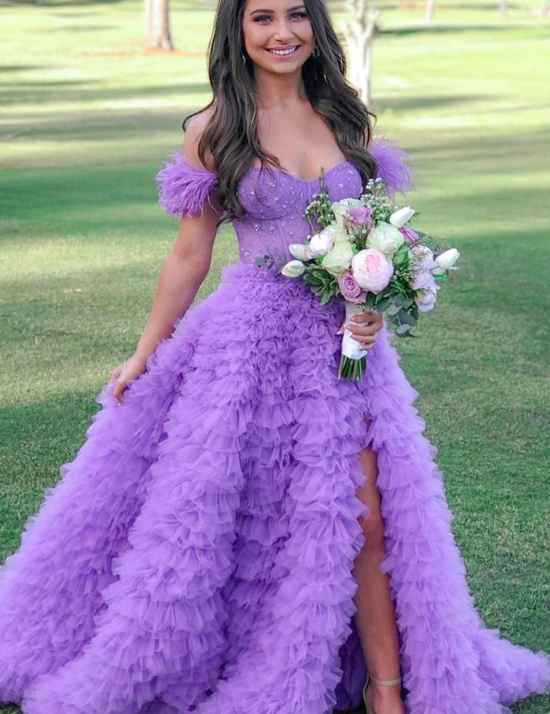 Ingrid |A Line Sweetheart Tiered Tulle Long Prom Dress With Slit