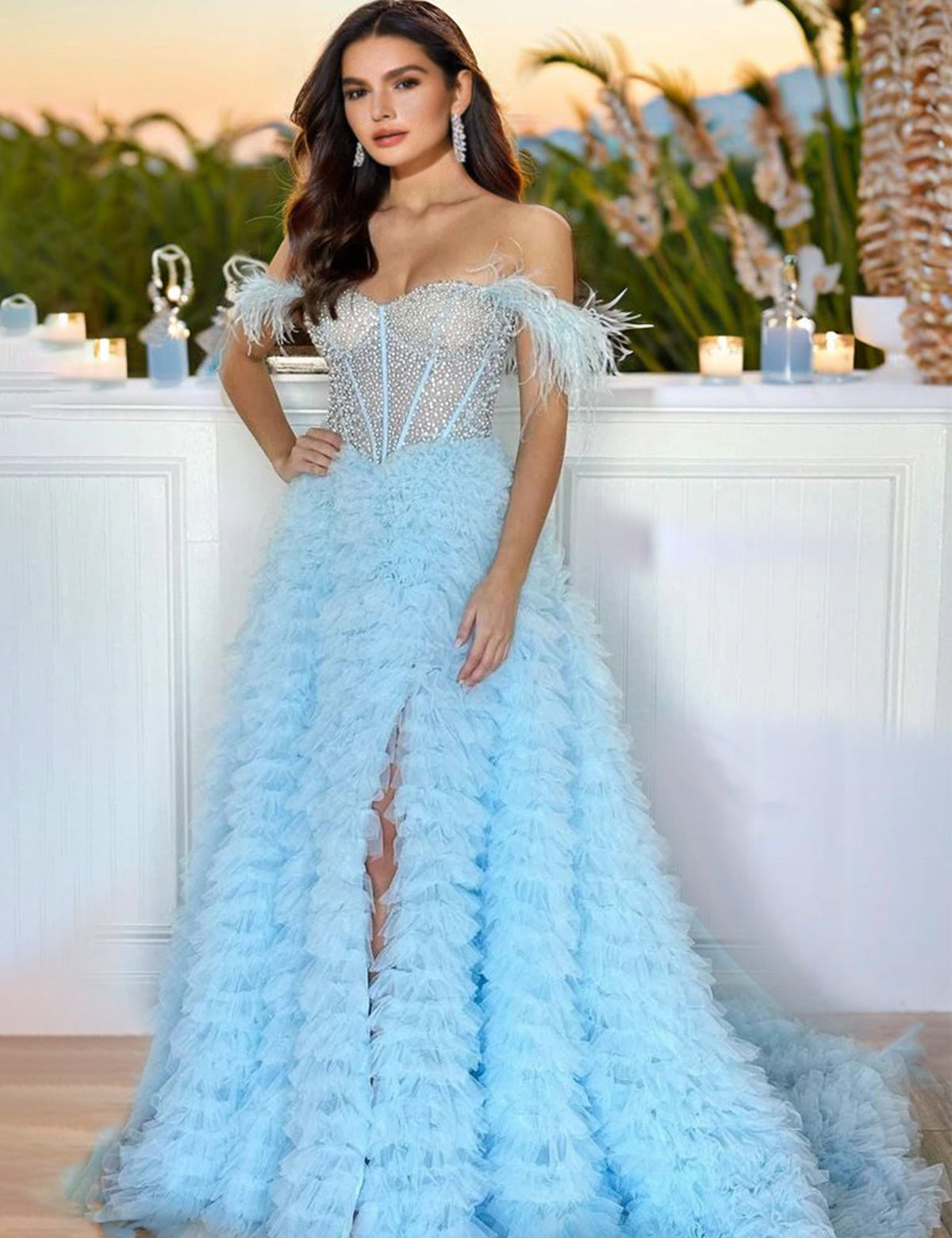 Astrid |A Line Off the Shoulder Tiered Tulle Prom Dress With Slit