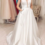 Elegant A-line Sleeveless V-Back Satin Bridal Dresses with Pockets