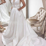 Elegant A-line Sleeveless V-Back Satin Bridal Dresses with Pockets