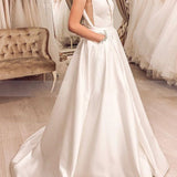 Elegant A-line Sleeveless V-Back Satin Bridal Dresses with Pockets