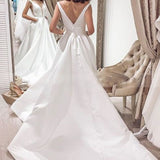 Elegant A-line Sleeveless V-Back Satin Bridal Dresses with Pockets