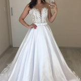 A-line Sleeveless Sweetheart Satin Bride Wedding Dresses with Appliques